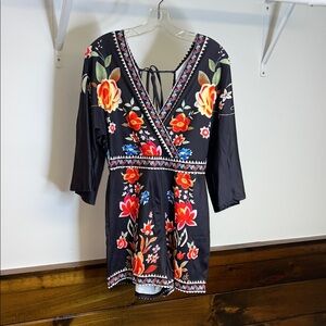 Amazon Black Floral 3/4 Sleeve Open Back Romper- M